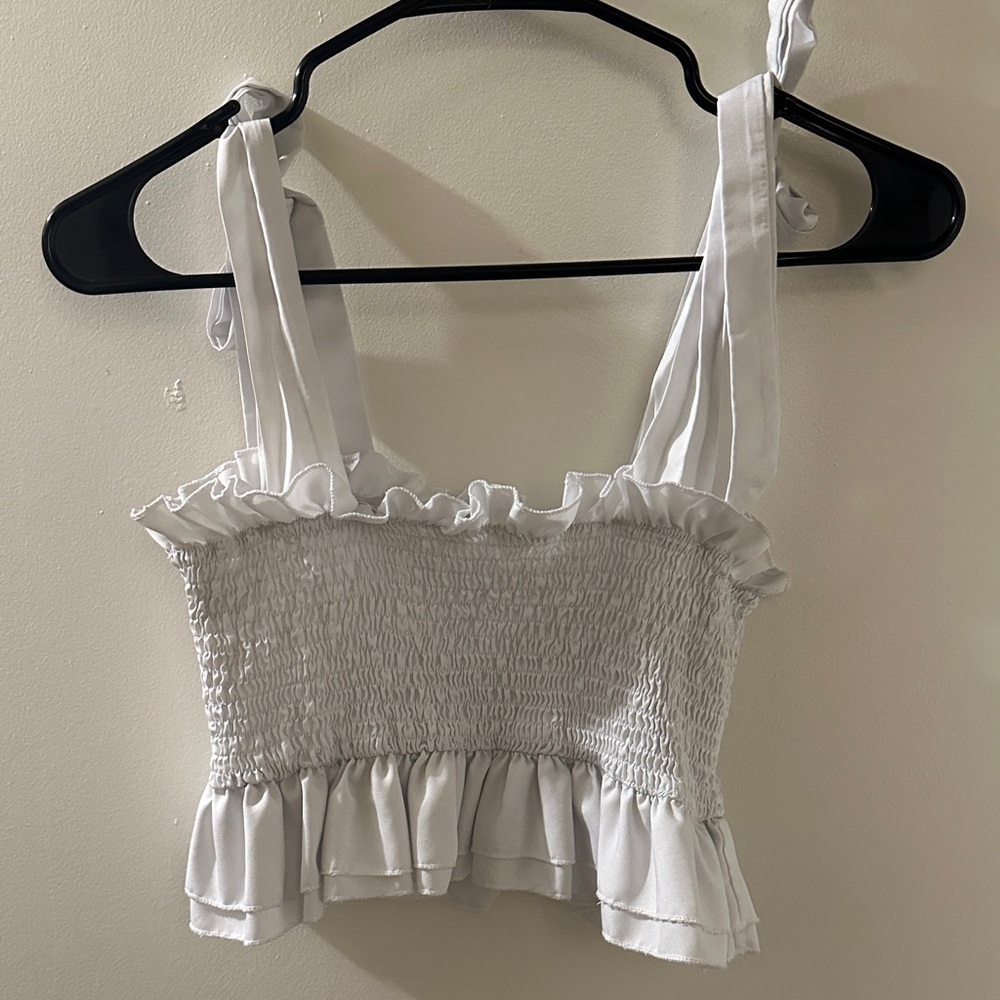 White ruched crop top with adjustable tie shoulder straps